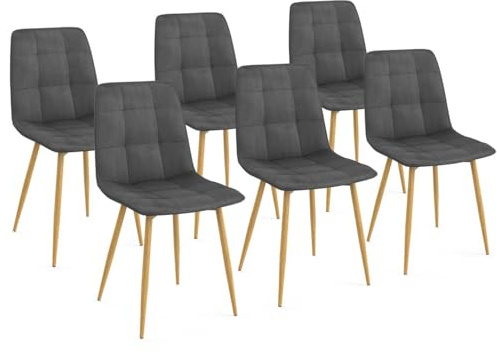 IDMarket - Lot de 6 chaises Mila en Velours Gris foncé Pied Effet Bois pour Salle à Manger