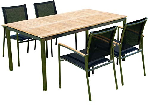 ALEOS. Gartengarnitur Edelstahl Batyline A-Grade Teak 5-teilig Tisch 160×90 cm + 4 Sessel Serie Kuba - Outdoor Essgruppe, Gartenmöbel Set wetterfest, Terrassenstuhl modern Schwarz/Teak Gastroqualität