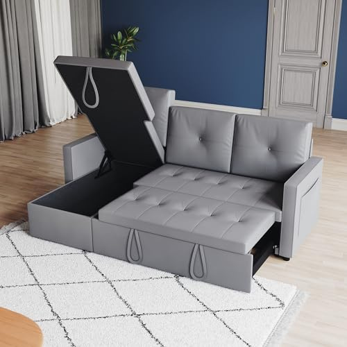 ZANOFIRA 3 Seater Corner Sofa Bed with Pull-Out Sleeper, L Shaped Sectional Sofa Couch with Storage Pocket, Anti Cat Scratch Fabric, Convertible Sofa Bed for Living Room Apartment, Light Grey