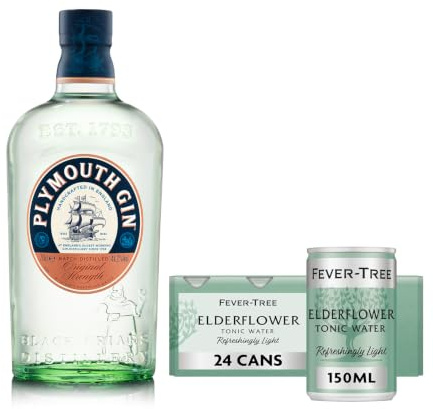 Plymouth Original Dry Gin 70cl & Fever-Tree Refreshingly Light Elderflower Tonic Water 150ml Cans (Pack of 24)