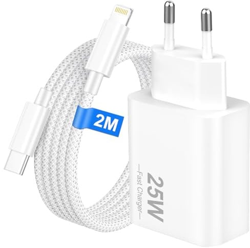 Bamkey Caricatore Rapido 25W con Cavo Lightning 2M in Nylon Intrecciato per iPhone 14 13 12 11 Pro Max SE, Alimentatore USB C Presa Muro e Cavo USB C a Lightning 2 Metri per iPad, PD 3.0,Bianco