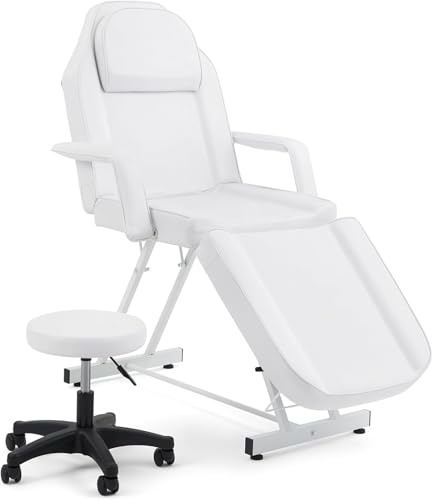 Massageliege mit Rollhocker Kosmetikliege Klappbar Professionelle Weiß | 3 Zonen Höhenverstellbar Massagetisch Massagebett für Beauty SPA Eye Lash's, Tattoos und Pediküre