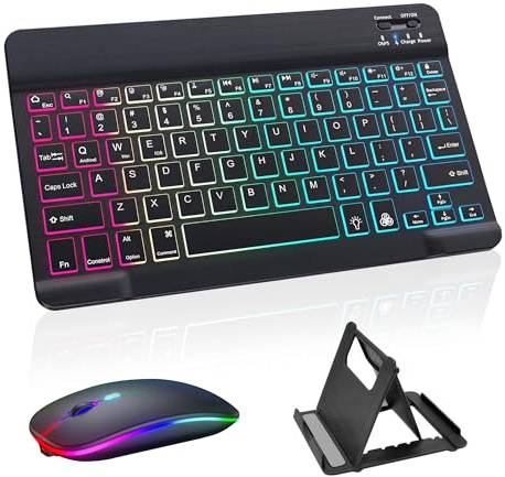 Bluetooth Keyboard and Mouse Set with Backlight, Rechargeable Quiet Wireless Keyboard and Mouse Combo with Phone Holder, Ultra-Slim Portable UK Layout for iPad/Tablets/iOS/Android/Windows, Black