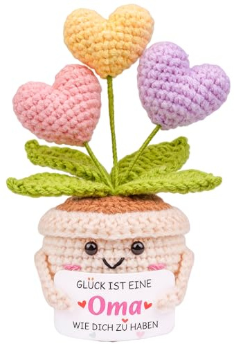 Lokideer Geschenk Oma, Gehäkelte Blume im Topf Handgemacht, Künstliche Strickblume Deko mit Spruch, Geschenk für Geburtstag Geburtstagsgeschenk für Oma, Geschenk für Frauen, Büro Deko