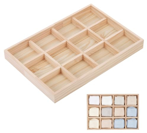 Yimomoyi Unfinished Wooden Storage Divider Box 35*24cm Showcase Display Box | with 12 Compartments, Small Wooden Tray Display, Wood Display Tray for Small Keepsakes, DIY Jewellery, Knick-Knacks