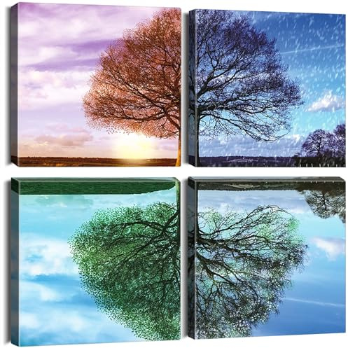 juanlianfenghua Set di 4 quadri su tela, Albero delle Quattro Stagioni: Riflessi Naturali, per soggiorno e camera da letto (50x50 cm x 4 pezzi/Senza cornice)