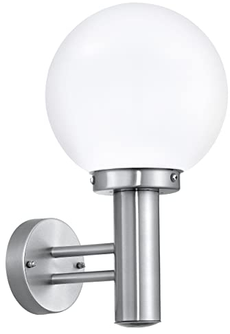 EGLO Außen-Wandlampe Nisia, 1 flammige Außenleuchte, Wandleuchte aus Edelstahl und Glas, Farbe: Silber, weiß, Fassung: E27, IP44