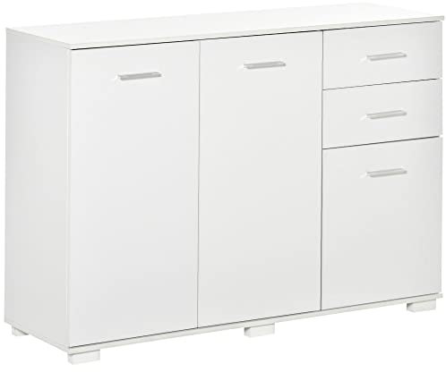 HOMCOM Sideboard, Modern Storage Cabinet with 2 Drawers, 3 Doors and Adjustable Shelves, Kitchen Cabinet for Living Room, Dining Room, White