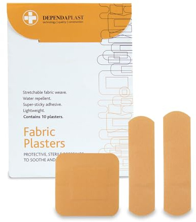 Dependaplast Fabric Plasters - Latex-Free, Extra Flexible Fabric, Low-Allergy Adhesive, Washproof, Water-Repellent Coating, Lightweight & Stretchable for All-Day Comfort, Assorted Pack of 10