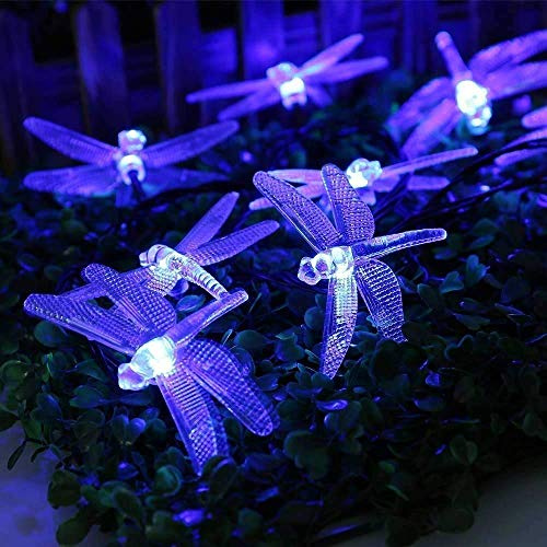 KINGCOO Libelle Schnur Lichter Solarleuchten Außen, Wasserdicht 20ft 30LED 8 Modus Solar Lichterketten für Haus Terrasse Garten Party Hochzeit Weihnachtsbeleuchtung Dekorationen (Blau)