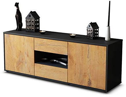 Stil.Zeit TV Schrank Lowboard Antonella, Korpus anthrazit matt, Front Holz Design Eiche (135x49x35cm), Push to Open Technik & Leichtlaufschienen