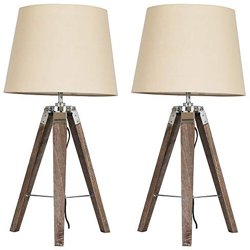 MiniSun | Modern Distressed Wood and Silver Chrome Tripod Table Lamps with Beige Tapered Light Shades | Home Décor, Bedside & Desk Lamp | Set of 2