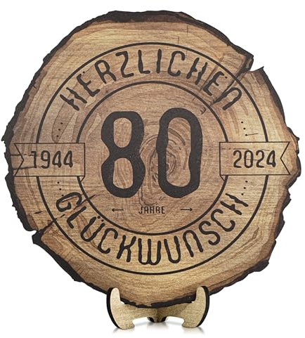 DARO Design – Baumscheibe mit Gravur für 80. Geburtstag – Geburtstags Geschenk aus Holz – Hochwertige Holz Geschenke mit Gravur ideal für Geburtstag – Dicke 6mm, Durchmesser 20cm – Made in Germany