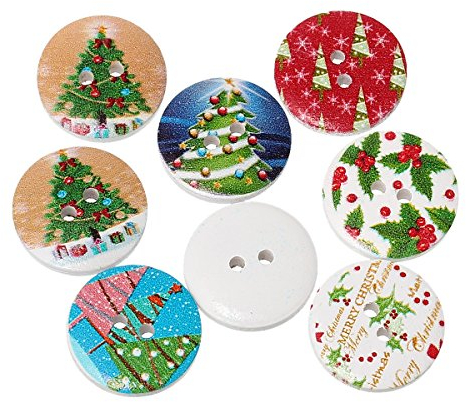 SiAura Material - 100 Stück Runde Holzknöpfe Weihnachten 20mm, zufällig gemischt, 2 Löcher mit Weihnachten Muster I Zum Nähen, Basteln und Dekorieren