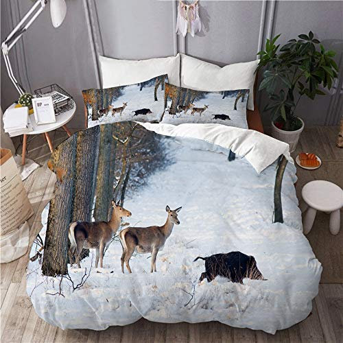 PANILUR Parure de lit,Animaux Sauvages Debout sur la Neige dans la forêt (cerf Rouge et Sanglier),Housse de Couette et taies d'oreiller Microfibre avec Fermeture éclair 220x240cm