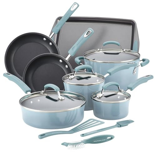 Rachael Ray Hard Enamel Cookware And Accessories, 14 Piece Set, Agave Blue