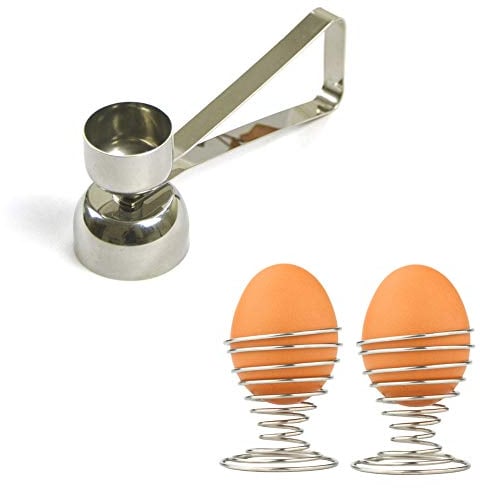 Egg Cracker Topper with 2 pcs Spring Egg Cup Holders, Stainless Steel Double Cups Egg Topper Shell Remover Egg Cutter Egg Whacker Egg Hammer Touch Egg Opener Egg Separator for Raw/Soft/Hard Boiled Egg