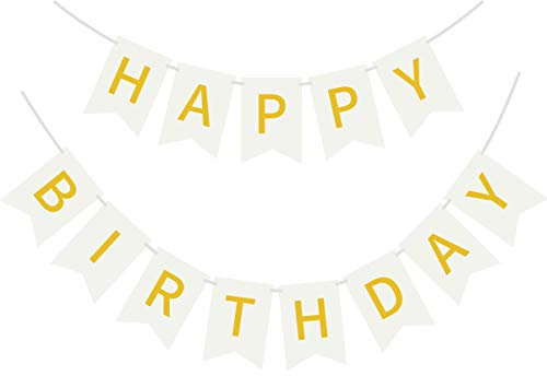 MISS FANTASY Happy Birthday Banner Weiß Happy Birthday Banner Weiß Happy Birthday Banner Wimpelkette Banner mit glänzenden Goldbuchstaben Weißgold Geburtstagsbanner Partydekorationen für Geburtstag