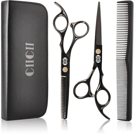CIICII Forbici Parrucchiere Professionali, 8Pcs Kit Forbici per Capelli (6,7 Pollici/Nero) & Forbici Sfoltire & Pettine Capelli per Taglio di Capelli da Fai da te/Casa/Barbiere