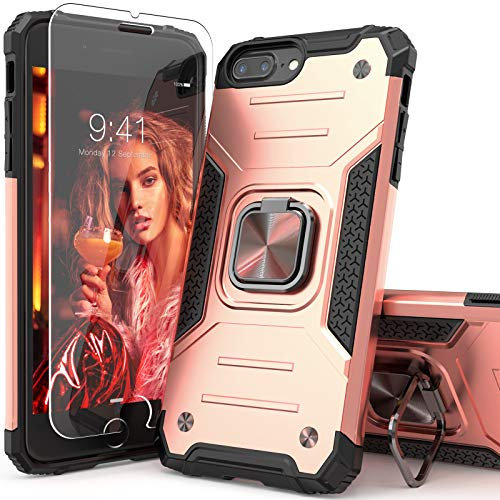 IDYStar Funda para iPhone 8 Plus con protector de pantalla de vidrio templado, funda híbrida a prueba de caídas con soporte para tarjetas, funda protectora delgada para iPhone 6/6S/7/8 Plus (oro rosa)