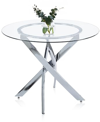 Thunder Redonda, Mesa de Comedor Redonda, Mesa de Salon o Cocina, Acabado en Cristal Templado y Metal Cromado, Medidas: 100 cm (Largo) x 100 cm (Ancho) x 75 cm (Alto)