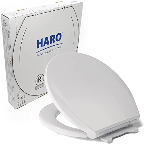 HARO Runder WC-Sitz, strapazierfähig, bis zu 250 kg belastbar, Soft-Close-Sitz, Schnellmontage und einfache Reinigung, FastFix-Befestigung, rutschfeste Auflage, weiß, hochwertiges (PP), 42 x 37 x 6 cm