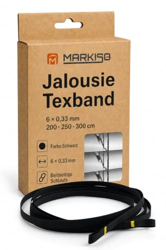 markiso® Texband 6mm Jalousien Schwarz - Jalousieband mit Schlaufe beidseitig [Hergestellt in der Schweiz], Originales Reparaturband für Jalousie, Aufzugsband, Zugband 200cm / 6x0,33mm