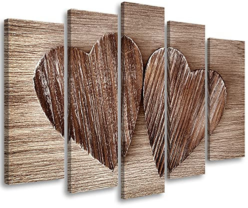 Feeby Bild auf Leinwand 150x100 cm Herz Liebe Holz 5-teilig modern Druckbild Wandbild Wanddekoration Aesthetic Rustikal Retro Vintage Braun