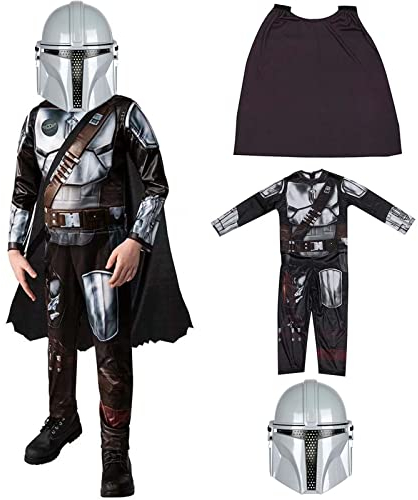 Mandalorian Kids Costume Classic Universe Movie Alien Costume With Half Helmet Cape For Halloween Cosplay Costume Party Outfit, M