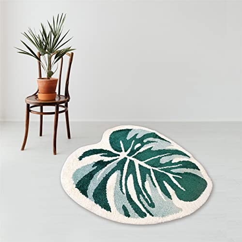 THRILRUG 110×144cm Badezimmerteppich Grün groß,badvorleger Monstera Blattfläche getuftete Teppiche,rutschfeste Badematte Kinder,waschbar,für Kinder,Pflanzenblätter,Bodenmatte für Schlafzimmer