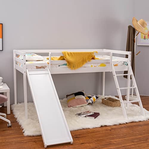Panana Mid Sleeper Bed with Slide, White Single Bed for Kids 3FT Solid Pine Wood Bunk Bed with Ladder, White