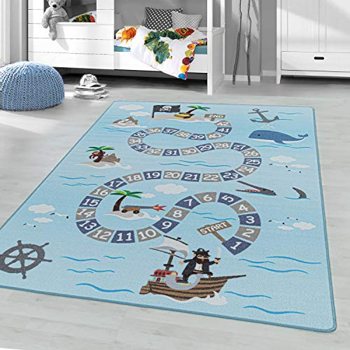 Ayyildiz Kinderteppich Spielteppich Hüpfkästchen Meer, Seemann, Piraten, Schiff Motiv, rechteckig, Höhe 8 mm, Kurzflor, Größe:80 x 120 cm, Farbe:Blau