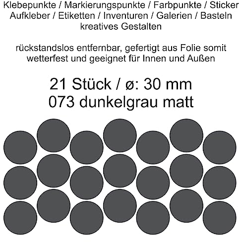 Aufkleber Etiketten Klebepunkte aus Folie 21 Stück grau dunkelgrau matt rund 30 mm selbstklebend farbig wetterfest Decal Markierungen Organisieren DIY basteln verzieren Modellbau Scrapbooking