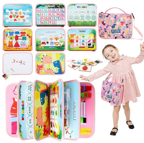 TUNJILOOL Montessori Busy Book - Livre d'activités sensorielles 10-en-1 avec Sangle d'épaule & Tableau Blanc effaçable, idéal pour Les Voyages et Le développement de la motricité Fine