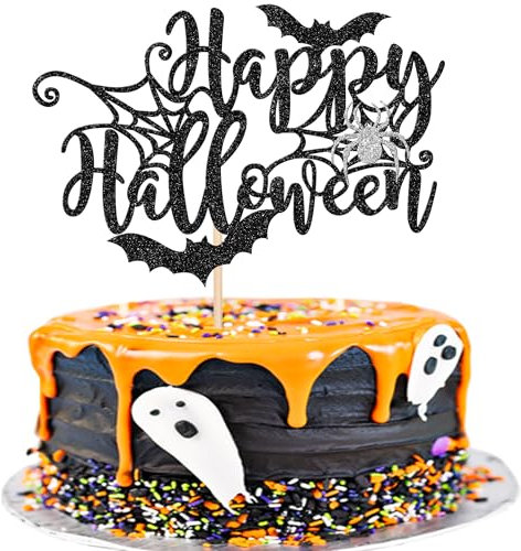 1 Stück Happy Halloween Tortendeko Glitzer Fledermaus Spinnen Kuchen Deko für Halloween Thema Party Geburtstag Party Kuchendekoration Schwarz