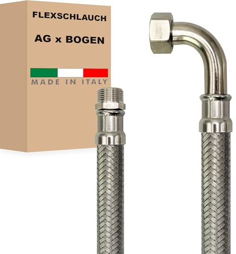Flexschlauch DN13-1/2 Edelstahl Panzerschlauch Sanitär Hauswasserwerk - Made in Italy (1/2 AG x 1/2 BOGEN, 200 cm)