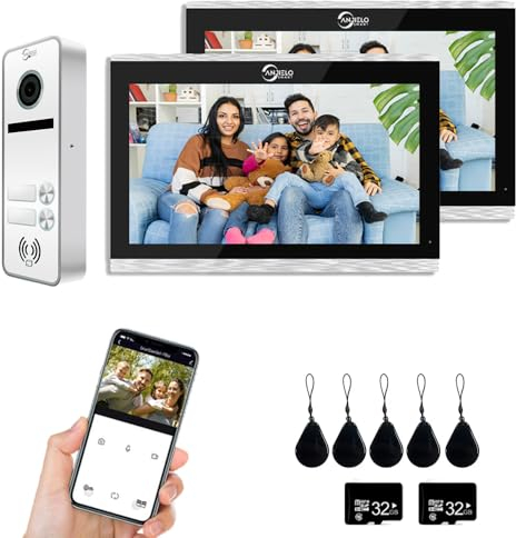 4 hilos Sistema de intercomunicación visual con cable 1080P para puertas, timbre para 2 familias, pantalla táctil de 10», intercomunicador bidireccional, detección de movimiento