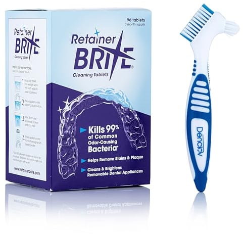 Retainer Brite Cleaning Kit Including 96 Tablets (3 Month Supply) and Denture Brush - Kills 99.9% of Bacteria - Ideal for retainers, mouthguard, dentures, invisalign. Removes Plaque and Tartar.