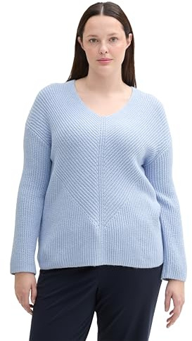 TOM TAILOR Damen Plussize RIPP Strickpullover mit V-Ausschnitt, 36520 - Kentucky Blue Melange, 50