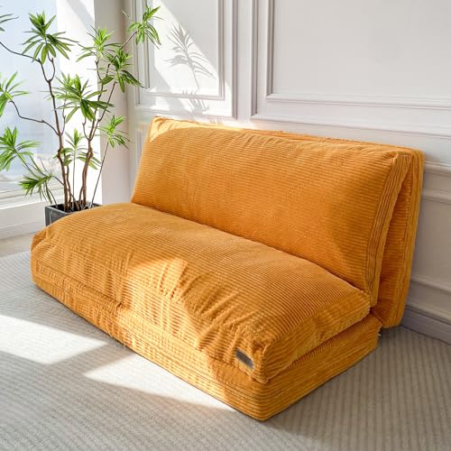 MAXYOYO Sitzsack-Bett, faltbar, Cordsamt, Schlafsofa, Bodenmatratze für Erwachsene, extra dick, 4-Fach gefaltet, Bodencouch für Schlafzimmer, Wohnzimmer, Orangefarben, 100 x 240 cm