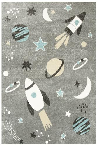 AKCILA Lima rechteckig Kinder Teppich 120x170 cm, Kinderzimmer Kurzflor Teppiche, Kinderteppich Mädchen, Jungen, Kids Carpet, Spielteppich Kinder Babyzimmer Tepich, Rakete, Planeten,Wohnzimmer Teppich