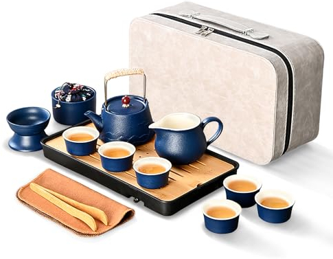 fanquare Juego de Té Japonés de Viaje Azul Marino Tetera de Porcelana Kung Fu con Bandeja Bolsa Portátil Servicio de Té Chino para Hombres Mujeres Regalos