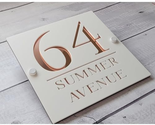 Plaque de porte flottante 3D moderne avec numéro de maison et nom de rue, décoration murale pour l'extérieur Personnalisable (20 x 20 cm, blanc et doré)