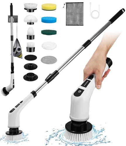 Brosse Electrique Nettoyage Rotative,avec 9 Têtes de Brosse Remplaçables, Poignée Réglable pour Nettoyer Les Carreaux, Les Salles de Bains et Les Planchers