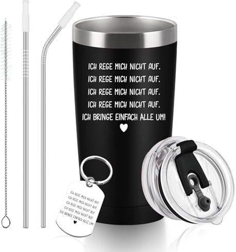 Diztoud Geschenke für Männer, Kollegen, Freund, Frauen, Lustig Thermobecher mit Spruch Ich Rege Mich Nicht Auf, 12oz 350ml Doppelwandig Edelstahl Weinbecher mit Deckel und Strohhalm Schlüsselanhänger