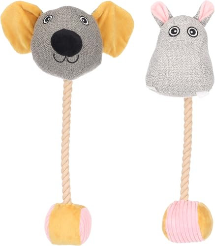 Flamingo Jouet pour Chiot Felsy Souris & Hippopotame avec Balle avec Corde Ocre - 20x9x35cm - Couinement pour Encore Plus de Plaisir