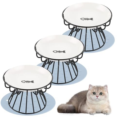 VIDETOL 3 Stück Katzennapf Erhöht, Futternapf Katze mit Metallständer und Rutschfester Matte, Katzen Näpfe Keramik für Katzen und Hunde