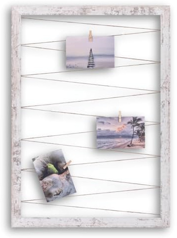 CLAMARO Fotohalter mit Fotoleine, Vintage Weiß, 40 x 60 cm, vollummantelt | MDF-Rahmen 30 mm breit, Juteband gespannt, Massivholz-Clips, Metallaufhänger, für Fotocollage, Postkarten