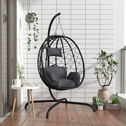 ZEYUAN Hängesessel Ei mit Kissen, Garten Möbel, Hängesessel Outdoor, Jugendzimmer, Hängestuhl, Hanging Chair, Liebesschaukeln, Hängeschaukel Outdoor, Anthrazit Poly Rattan & Stahl