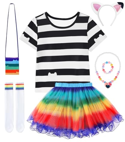 COYBTO Costume da Principessa, Abito Tutù Arcobaleno per Ragazze | Set di Maglietta a Tema Gatto Collana e Borsa, Costume per Bambina per Festa di Compleanno Carnevale Cosplay